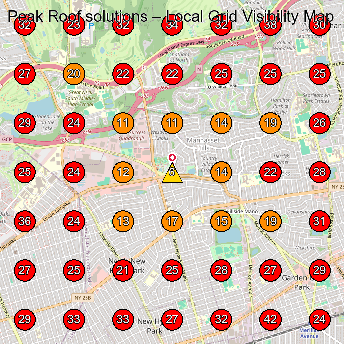 Peak Roof solutions GeoGrid visibility map for Roofing Contractor in Queens